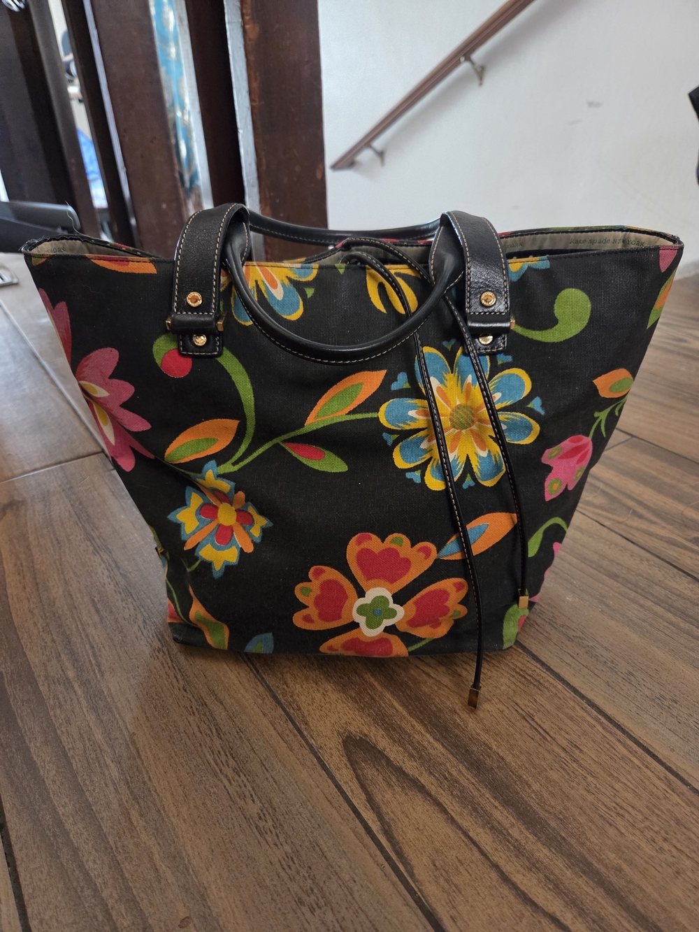 Kate Spade Floral Canvas Tote Bag Black Polka Dot Interior Vintage